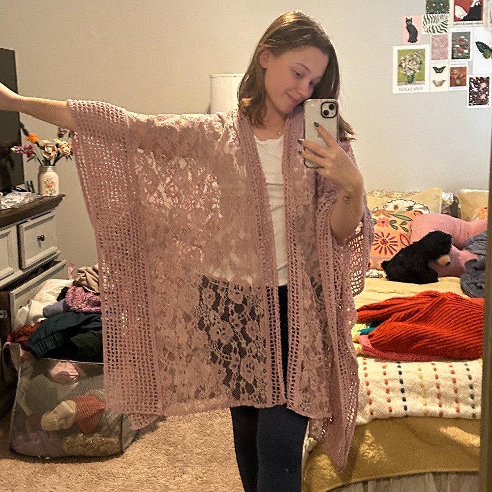 NWOT Three bird nest pink lace knit cardigan